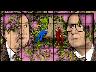 Gilbert & George
ON THE BENCH, 2019
Mixed media
301 × 568 cm
118 1/2 × 223 5/8 inches
© Gilbert & George
Courtesy the artists and Sprüth Magers