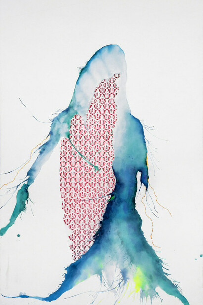 Sherin Guirguis, Untitled (Weben), 2023. Mixed media and 24K gold leaf on hand-cut paper, 60 x 40 in. Courtesy of Luis De Jesus Gallery