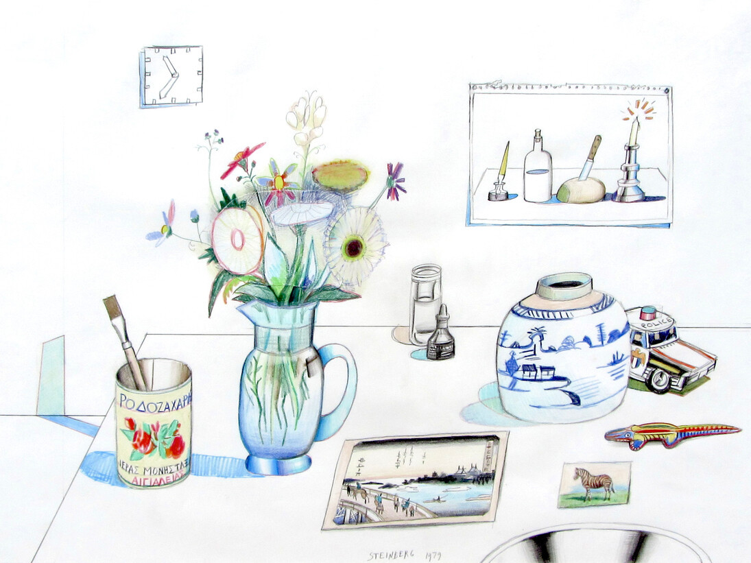 Saul Steinberg, Double Still Life, 1979, Colored pencil on paper, 21 1/2" x 29 1/2", Cover of Saul Steinberg's Still Life and Architecture, 1982 © The Saul Steinberg Foundation/ARS, NY