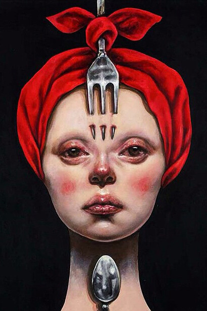 Afarin Sajedi, Chef Offer 2, 100 x 100 cm, Acrylic on canvas, Dorothy Circus Gallery