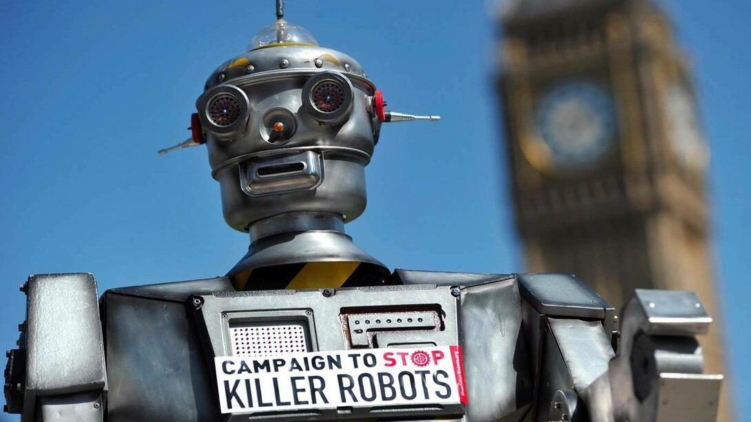 A protest against AI technology being used in military warfare in London, UK