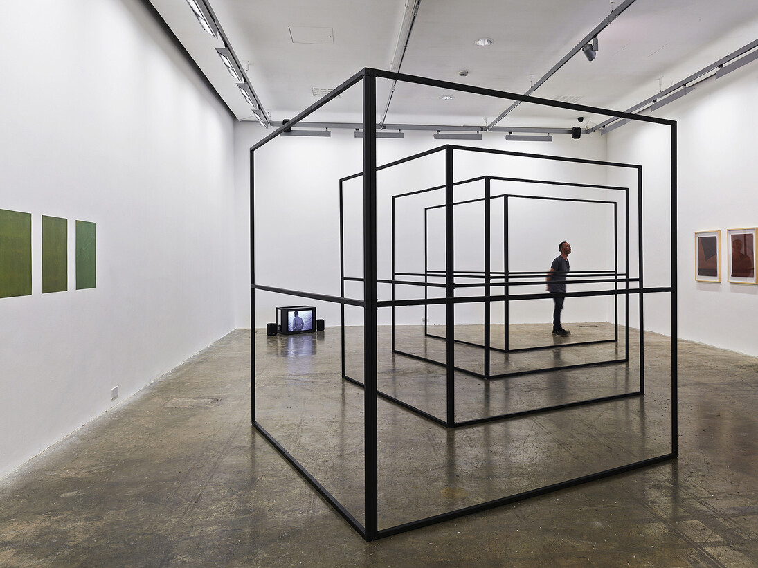 Exhibition view showing works by (L – R) Meggy Rustamova, Dan Graham, Karl Burke, Dina Danish
The Centre For Dying On Stage #1, Project Arts Centre, Dublin, 2014