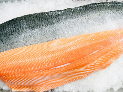 A couple of salmon fillets on ice