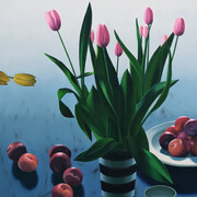 Bruce Cohen, Still life with backlit plums (detail), 2026. Courtesy of Berggruen Gallery