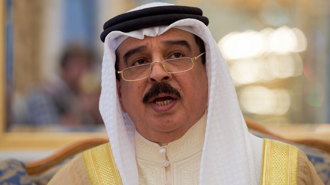King Hamad bin Isa Al Khalifa of Bahrain addresses reporters