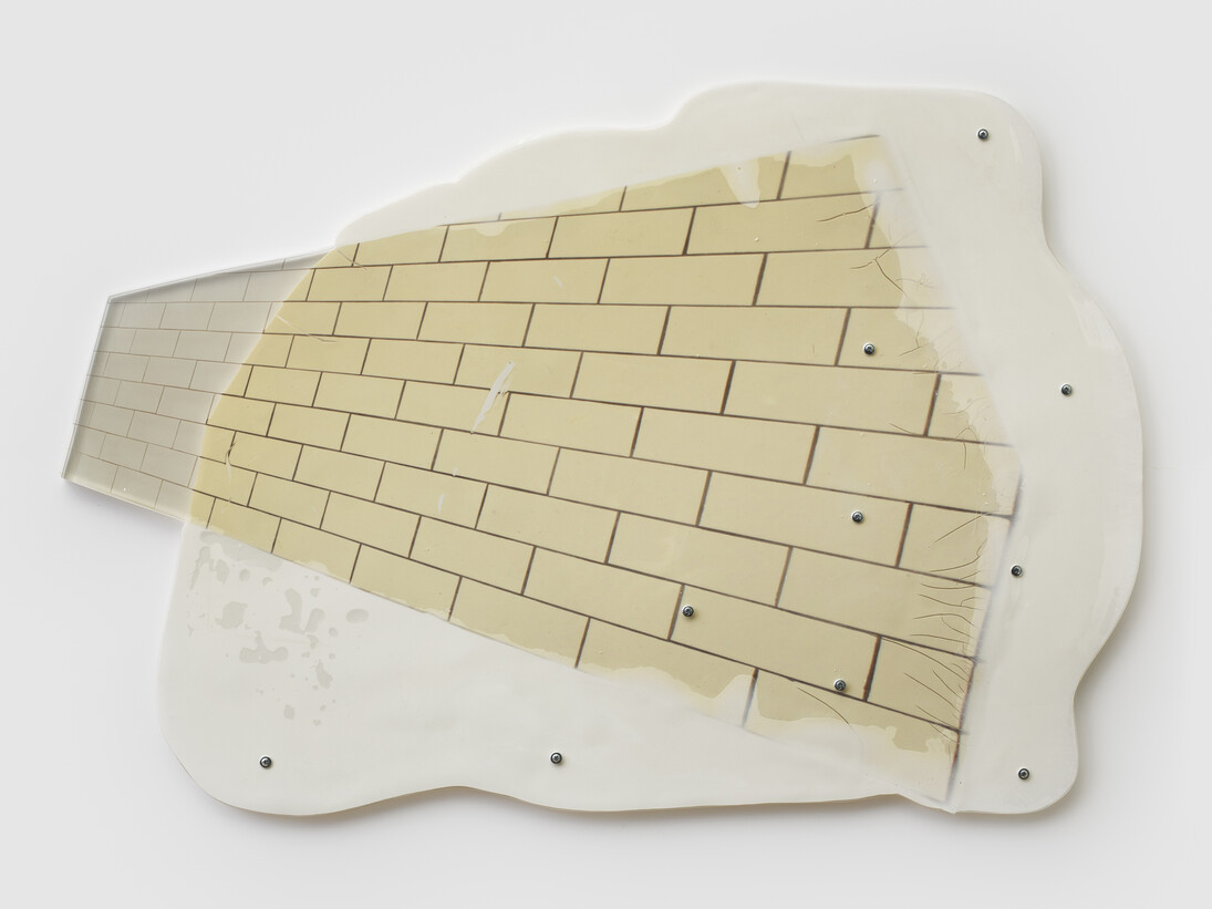 Sara Greenberger Rafferty, Untitled, 2014, acrylic polymer and inkjet print on acetate on Plexiglas, and hardware. Irregular: 26 1/2 x 39 x 1/2 inches (67.3 x 99.1 x 1.3 cm)