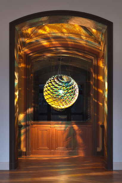 Olafur Eliasson, New Berlin Sphere, 2009, Colored glass (cyan, magenta, yellow), aluminum, paint (black, white), Installation view: “Innen Stadt Außen,” Martin Gropius Bau, Berlin, 2009, Photo: Jens Ziehe, Courtesy of Studio Olafur Eliasson, 2009