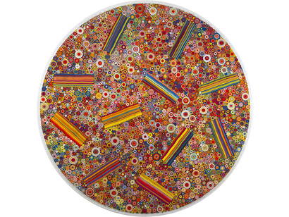Hadieh Shafie, Transition 4, 2014, Ink, acrylic and paper with printed and handwritten Farsi text Eshgh ("Love/Passion"), 60 in / 152.4 cm diameter