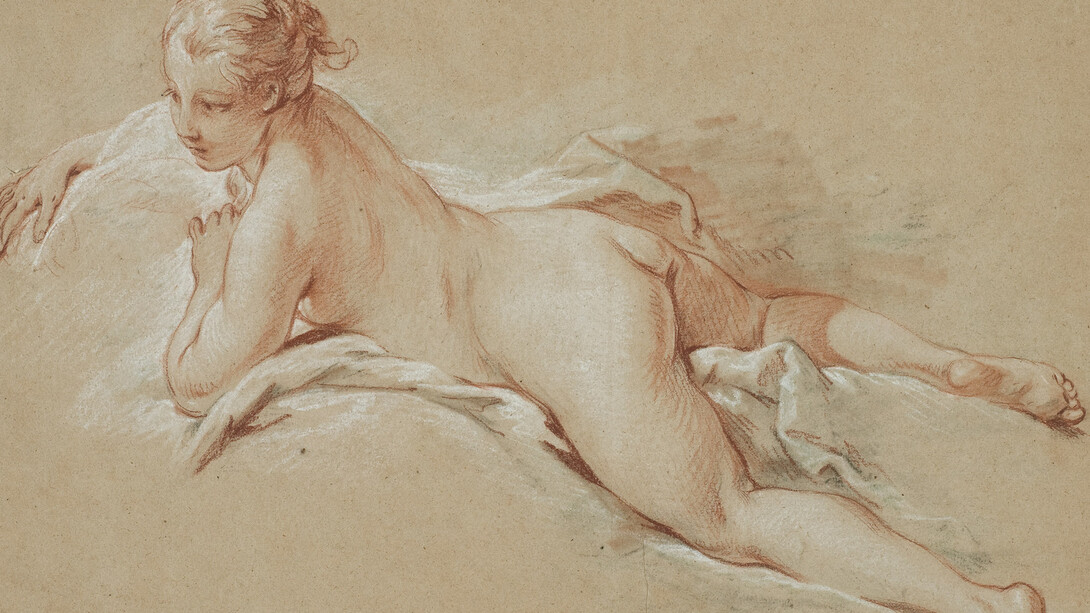 15. François Boucher, Femme nue allongée, vers 1740. Sanguine, pierre noire et craie blanche sur papier crème.© The Horvitz Collection – Photo : M.Gould