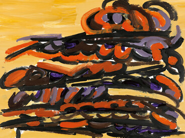 Phyllida Barlow, untitled, 2010, acrylic on paper, 42.5 x 59.8 cm / 16 3/4 x 23 1/2
inches, © Phyllida Barlow Estate. Courtesy the Phyllida Barlow Estate and Hauser & Wirth.
Photo: Alex Delfanne

