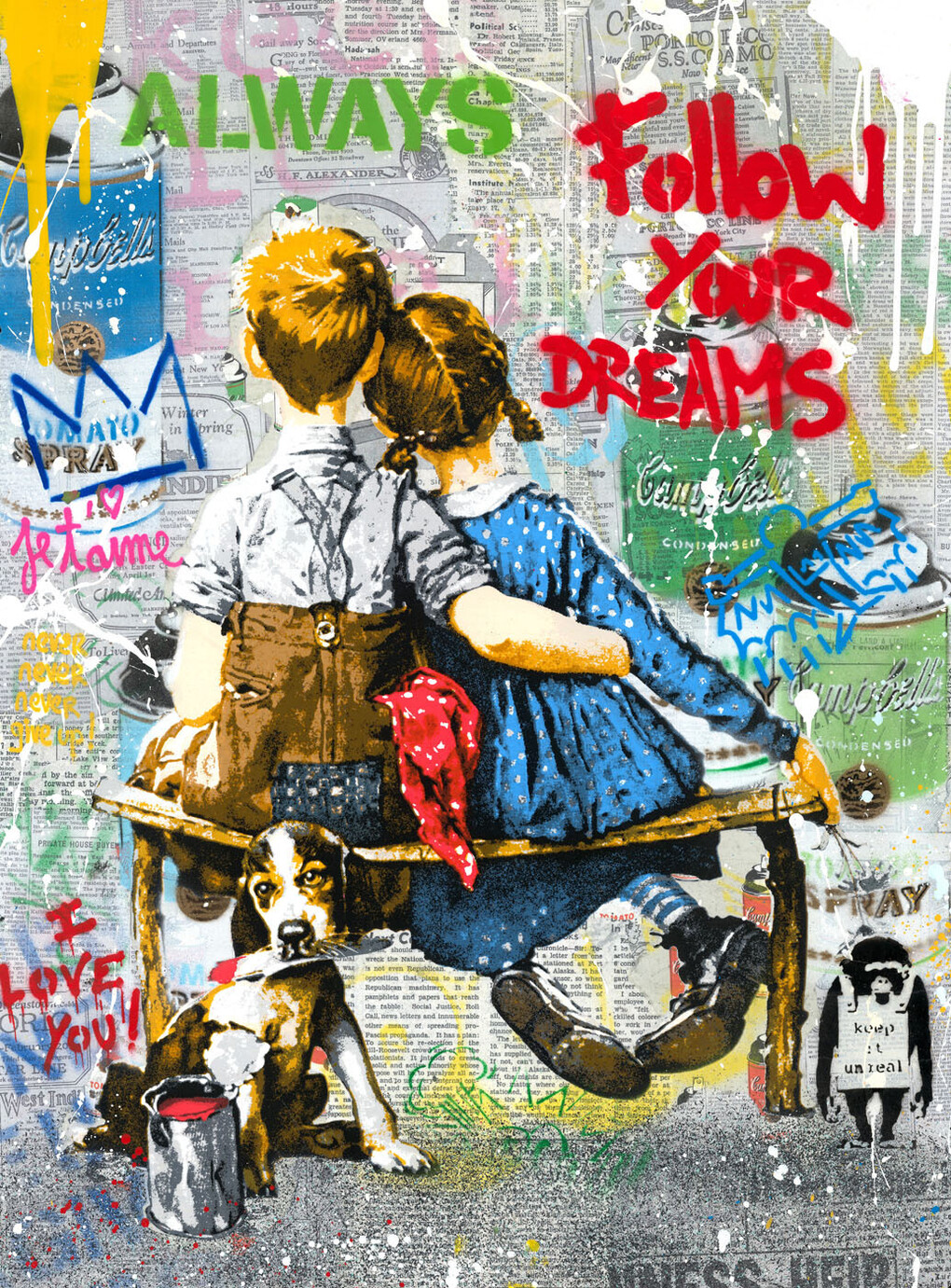 Mr. Brainwash (b. 1966) Work Well Together, 2023, Silkscreen and Mixed Media on Paper 30 x 22 in
 