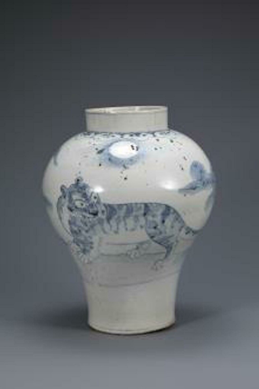 Jar with tiger decoration, Korea, Joseon dynasty (1392–1910), 19th century. Porcelain with underglaze cobalt blue design, 14 3/4 in. (37.5 cm); Diam. of base: 5 13/16 in. (14.8 cm) 
