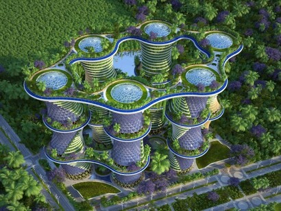 A vertical village. The concentration of people caused many villages to grow into towns and cities. Rendering of a new project, in New Delhi, India