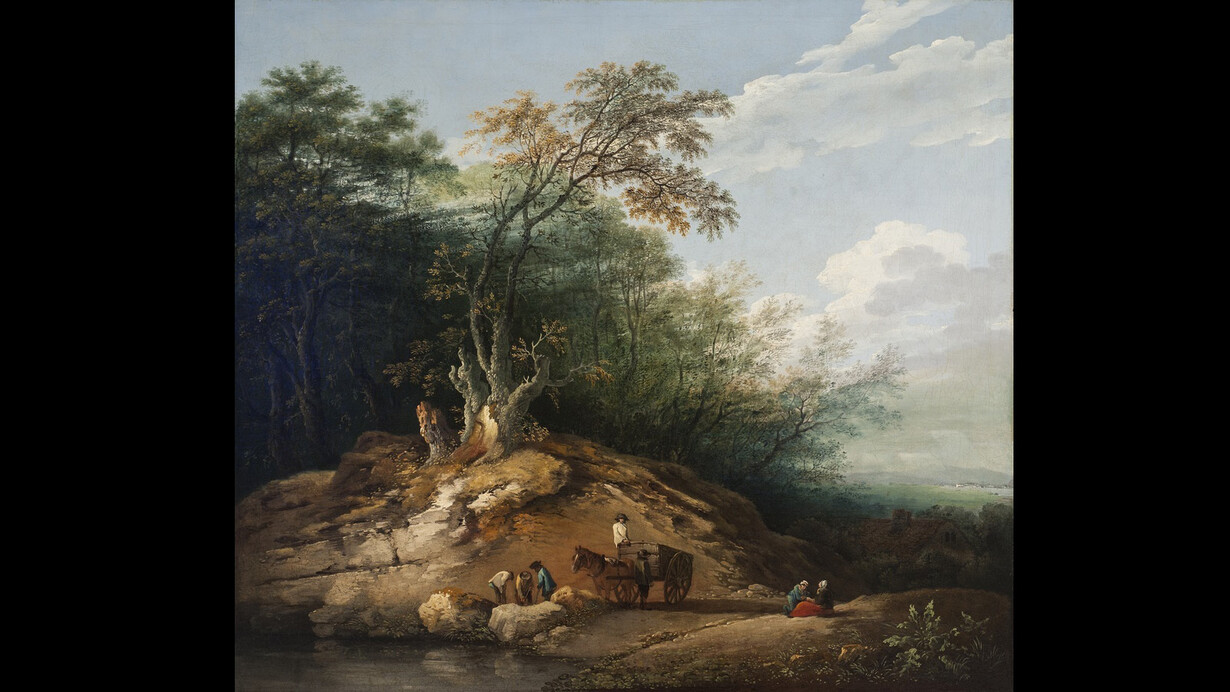 Attributed to Benjamin Barker, the younger 
English, 1776‒1838
Laborers Harvesting Bath Stone
ca. 1800
Oil on canvas
42 x 47 1/8 in. (106.7 x 119.7 cm)
Sidney and Lois Eskenazi Museum of Art, Museum purchase with funds from the estate of Herman B Wells via the Joseph Granville and Anna Bernice Wells Memorial Fund