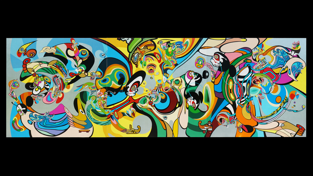 Indieguerillas, Cosmic Dance, 2021, acrylic on canvas, 200 × 600 cm (triptych, each 200 × 200 cm)
© indieguerillas, courtesy of the artist and Mizuma Gallery.