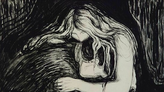 Edvard Munch, Vampire II, 1895, pietra litografica, china, graffito, inciso su
legno, 38,7 x 56 cm, Ars Longa, Collezione Vita Brevis, © The Munch Museum / The Munch-
Ellingsen Group by SIAE 2013