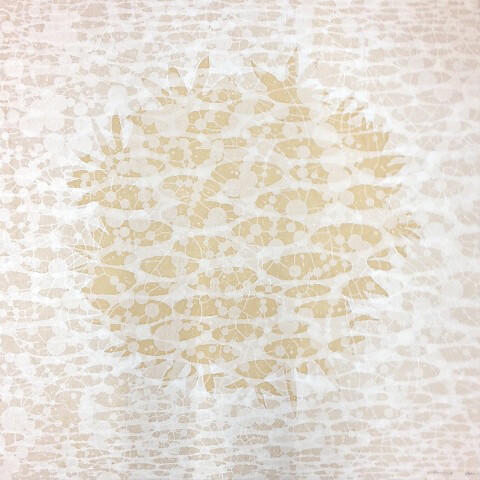 Eve Stockton, Zum/Bloom – Field, 1/5, 2014, woodcut print on tea-stained paper, 36 x 36 inches, 41 x 41 inches, (framed)  