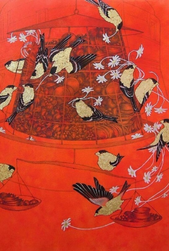 Francine Fox, The New Balance, 2013, Watercolor, gouache, graphite and metal leafing on paper, 13.5 x 10.25 inches