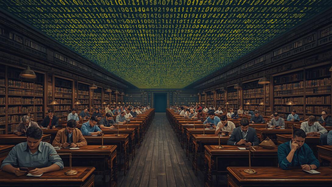 KI-generierte Smartphone-Studenten im digitalen Lesesaal einer historischen Bibliothek