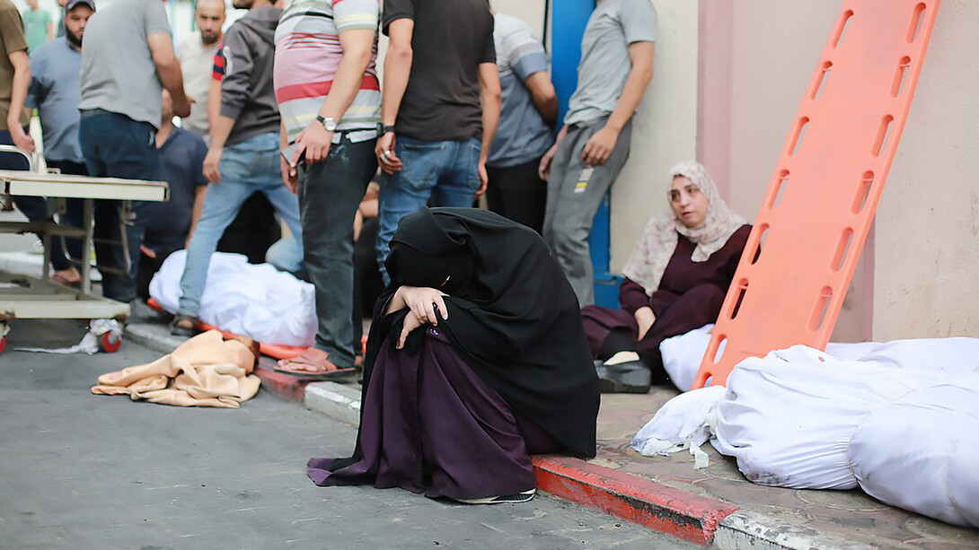 Palestinians transport the injured to the Indonesian Hospital in Jabalia, north of the Gaza Strip on October 9, 2023