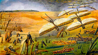Ilustración de una nube de langostas aparecida en un toma de la Meyers Konversations-Lexikonen 1913