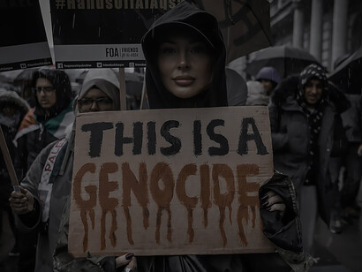 A girl is holding a "End Palestinian Genocide" banner, United Kingdom