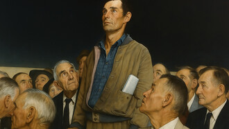 A reimagined horizontal composition of Norman Rockwell’s Freedom of Speech — the first of his Four Freedoms series, inspired by Franklin D. Roosevelt’s 1941 State of the Union address. The painting honors the dignity of the individual voice in democracy, portraying an ordinary citizen standing courageously to speak among his peers — a timeless embodiment of civic freedom and moral conviction