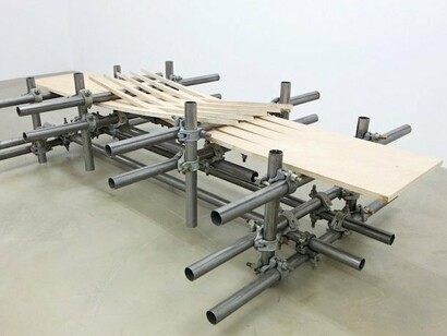 L. Lamothe, Untitled (detail), 2014, phenolic wood boards, steel pipes, scaffolding clamps, variable dimensions. Courtesy of the artist and Alberta Pane Gallery