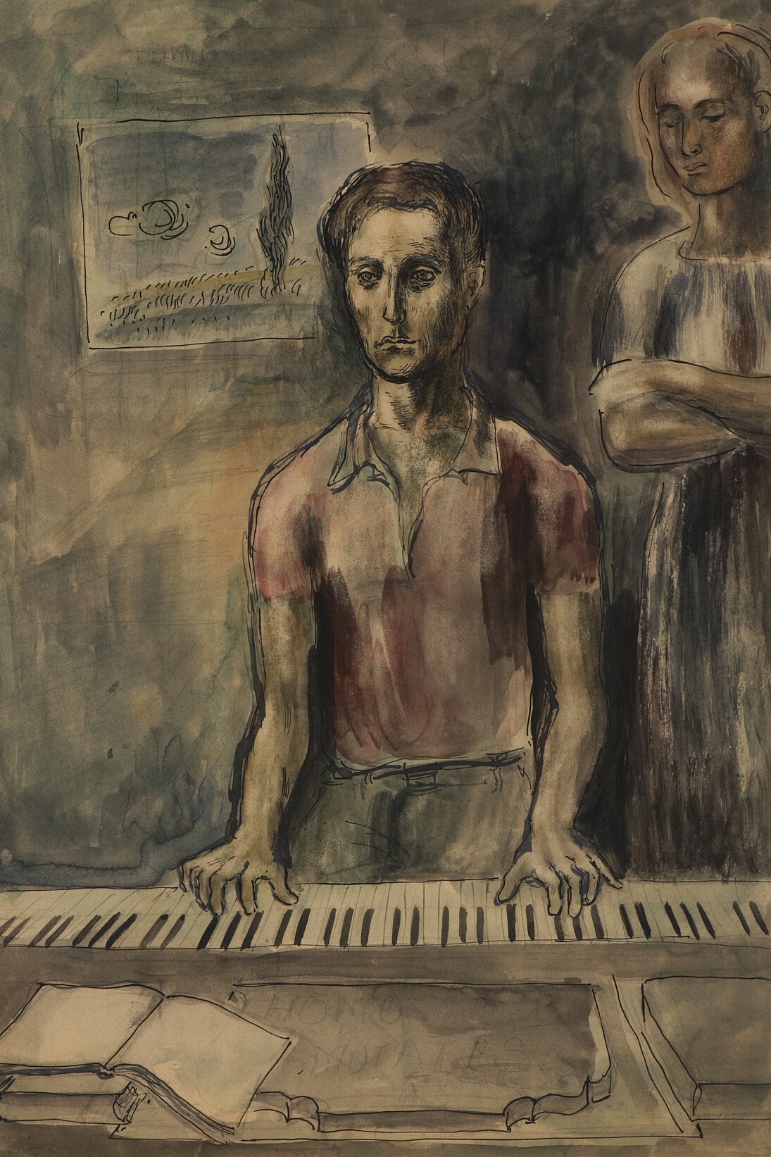 Daniel Moiseiwitsch, The Pianist, watercolour, pen and ink on paper, 46.5 x 36.2 cm framed, Ben Uri Collection