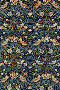 "Strawberry Thief" Decorative Fabric
William Morris (1834-96)Designed in 1883, produced since 1917 Merton Abbey, Surrey, United KingdomCotton fabric with indigo-background and 3-tone hand block print518 x 98 cm; Repeated: 52 x 45 cm