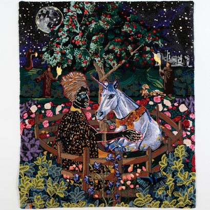 Simone Elizabeth Saunders, Release in Darkness, 2022, Unearthing Unicorns series, hand tufted velvet, acrylic and wool yarn on rug warp, 66x56x1 inches. Courtesy of the artist and Claire Oliver Gallery