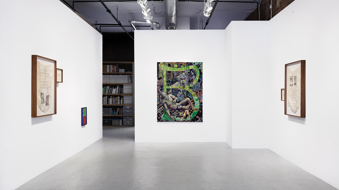 Off Script, curated by Jeannette Bisschops, with works by Art & Language, Joel Dean, Paige K.B., Anna K.E., Christine Sun Kim, Kang Seung Lee, and Sue Tompkins, 2023, installation view. Courtesy of Simone Subal Gallery