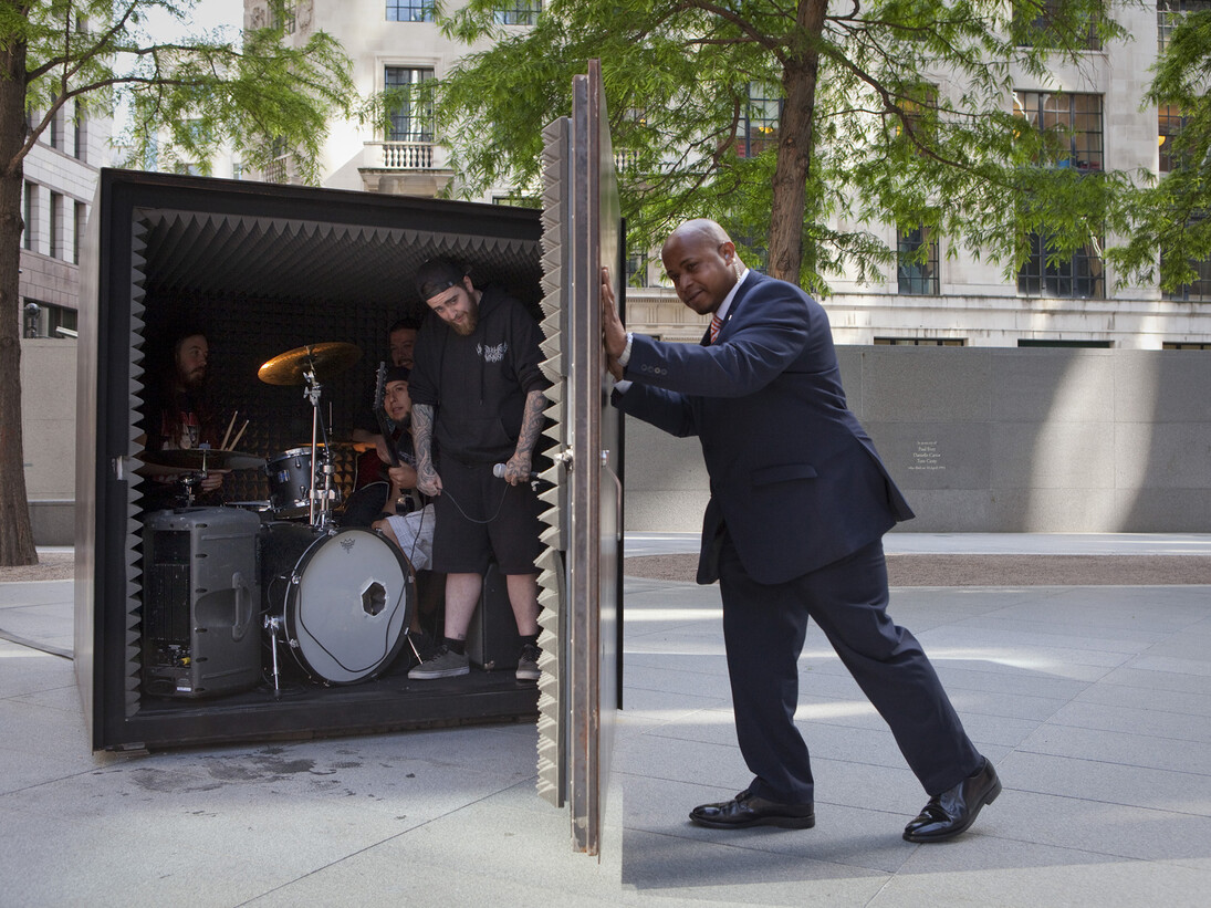 João Onofre, Box sized DIE featuring… , 2007-2014. [Unfathomable Ruination, London, 2014]. Iron, acoustic isolation materials, 183 x 183 x 183 cm. Courtesy Marlborough Contemporary, © the artist