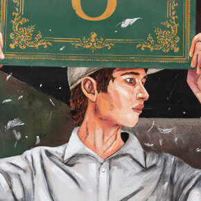 Hernan Bas, Conceptual artist #16 (Performance based; the founder and reigning champion of a weekly pillow fight tournament) (detail), 2023, acrylic on linen, 84x96 inches. Courtesy the artist and Lehmann Maupin, New York, Hong Kong, Seoul, and London