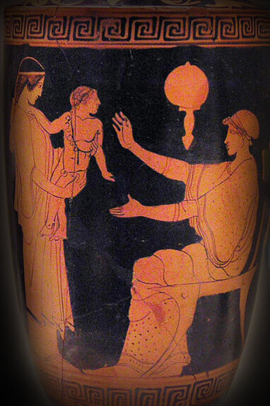 Esclavo presenta un bebé a su madre. Lécito de figuras rojas, ca. 470-460 a.C., procedente de Eretria. Museo Arqueológico Nacional de Atenas, Grecia
