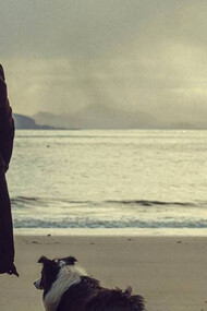 Atores do filme Os Banshees de Inisherin olhando o horizonte do mar em um clima de tensão 
