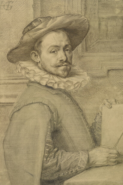 Hendrik Goltzius Self-portrait holding a copper-plate, c.1589, silverpoint on yellow-prepared vellum with grey and blue-grey wash,146. x 104 mm © The Trustees of the British Museum