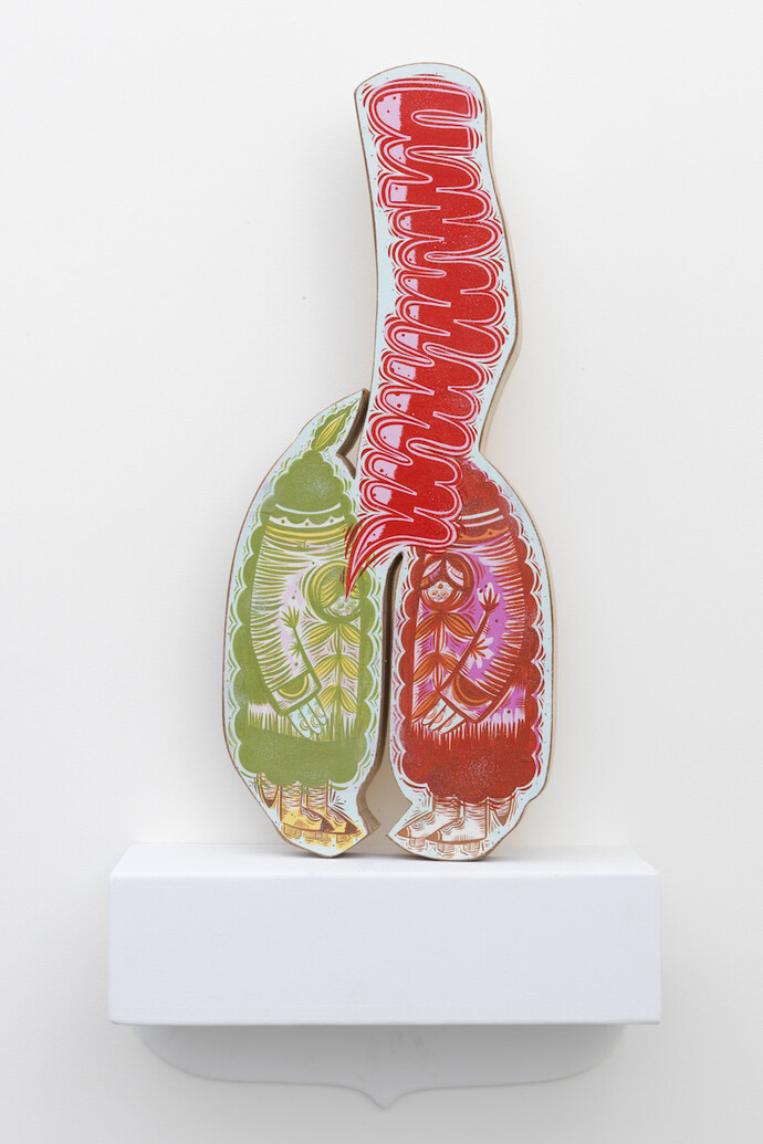 Thomas Campbell, Together in Mid Thought, 2013, Acrylic, gouache, spray paint on wood, 30 x 13 x 3.5 inches