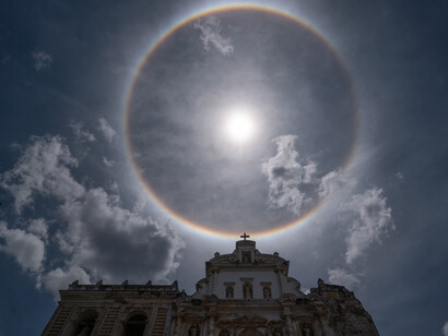 A Solar Halo over the bell tower of the Sanctuary of San Francisco el Grande, Antigua, Guatemala. Photo Willy Castellanos