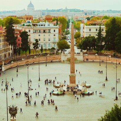 The large urban square Piazza del Popolo in the northern historic centre of Rome, Italy, is a two-minute walk from the Hotel Locarno in Rome, Italy