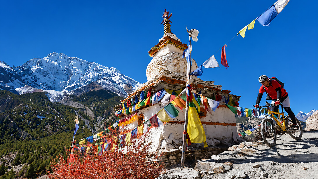A cyclist explores the Annapurna Circuit in Nepal, experiencing adventure among the majestic Himalayan peaks