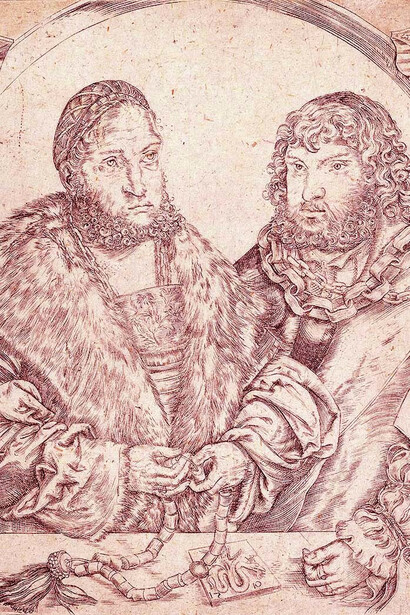 Lucas Cranach il Vecchio (Kronach 1472 - Weimar 1553). Doppio ritratto del principe elettore Federico di Sassonia e del fratello il duca Giovanni1510. Incisione a bulino, foglio Firenze, Gabinetto Disegni e Stampe 