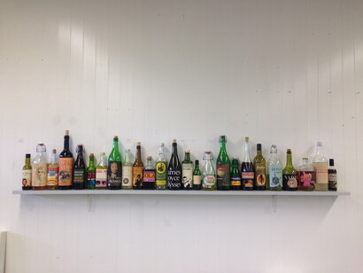 Peter Wüthrich, Literary liquids, 2015, bottles, bookcovers and liquids on shelf, 40 x 200 x 10 cm