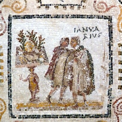Gennaio, frammento di un mosaico raffigurante i mesi dell'anno, a partire dal primo mese romano, marzo. Prima metà del III secolo. Museo Archeologico di Sousse, El Jem, Tunisia