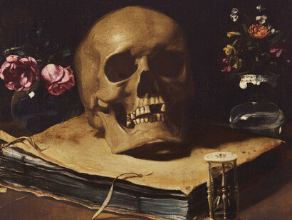 Guercino- A vanitas still life with a skull atop a book, an hourglass and two glass vases of flowers
