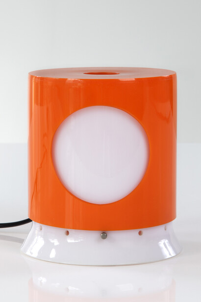 "Lamp with Rotating Shade" in white and colored Polystyrene plastic. Designed by Joe Colombo for Kartell, 1965. 5" L x 5" W x 6" H. Photo by Sherry Griffin for R & Company