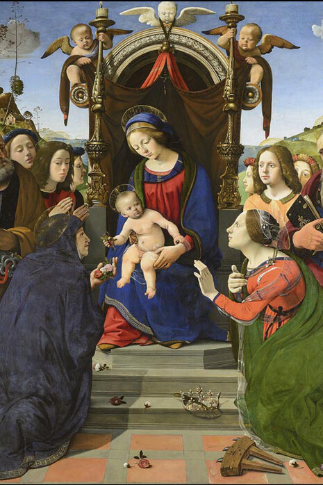 Piero di Cosimo, Madonna col Bambino in trono con i Santi Elisabetta di Ungheria, Caterina di Alessandria, particolare, Firenze, Museo dell'Ospedale degli Innocenti