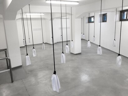 Senza titolo, 2016. Termoformatura in polistirene, corda in nylon, legno, plexiglass, dimensioni variabili.
