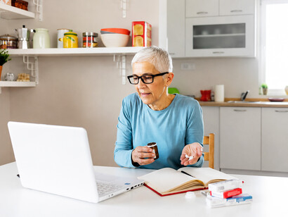 Using her computer, a woman searches online for information about her prescribed medication