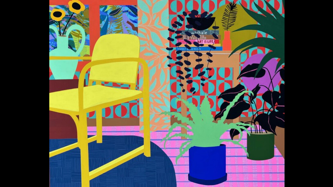 Mary Finlayson, Yellow Chair with Flowers and Books, 2023. Courtesy the artist and Eleanor Harwood Gallery